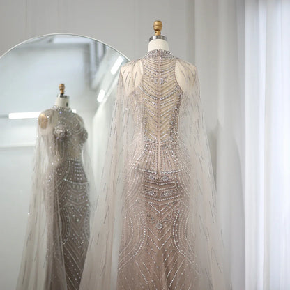 Luxury Champagne Evening Dress with Cape Sleeves