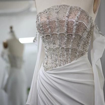 Luxury White Scalloped Evening Dress with High Slit