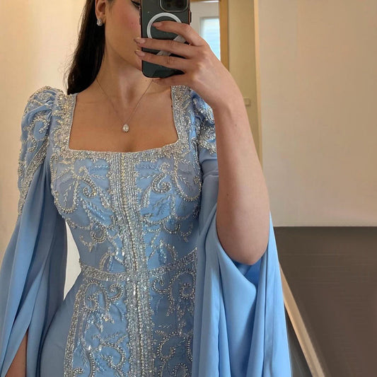 فستان سهرة إسلامي أزرق فاخر بأكمام كاب SS365