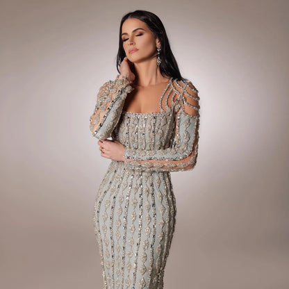 Luxury Sage Green Long Sleeves Mermaid Evening Dress