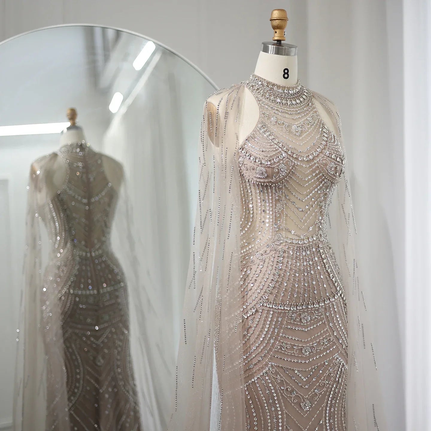 Luxury Champagne Evening Dress with Cape Sleeves