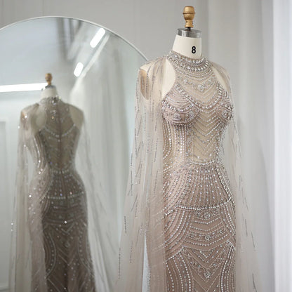 Luxury Champagne Evening Dress with Cape Sleeves