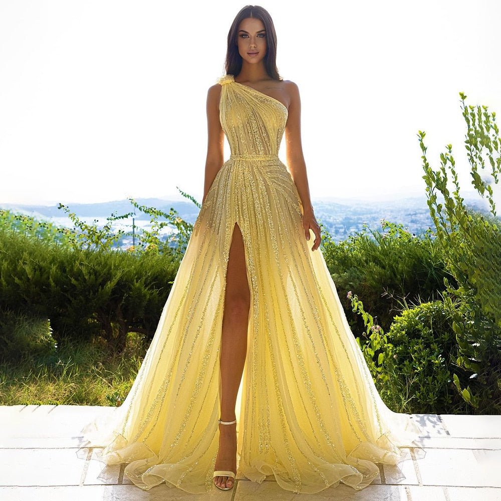 For Sale Luxury Yellow One Shoulder Evening Dress with Cape