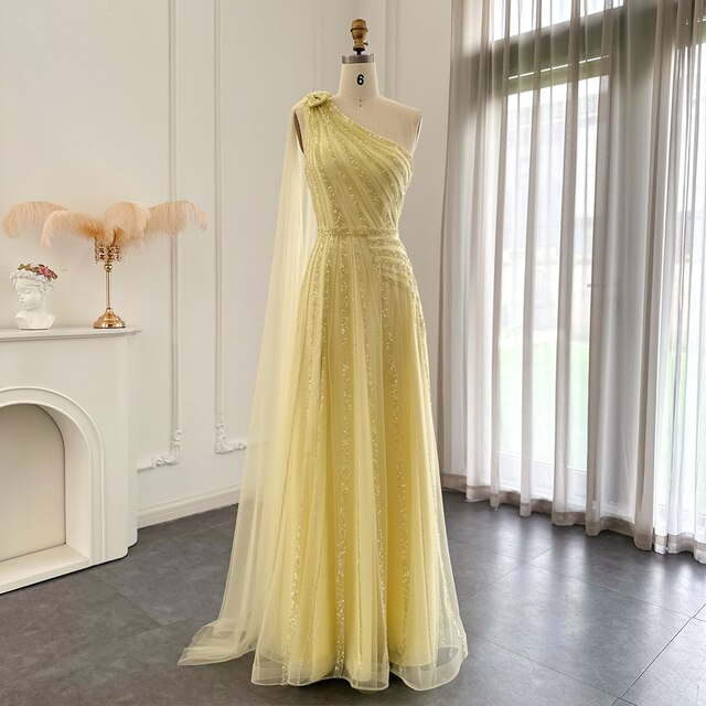 For Sale Luxury Yellow One Shoulder Evening Dress with Cape