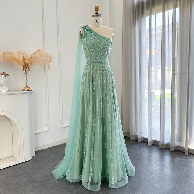 For Sale Luxury Yellow One Shoulder Evening Dress with Cape