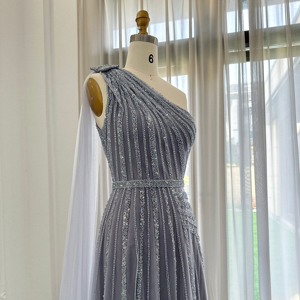 For Sale Luxury Yellow One Shoulder Evening Dress with Cape