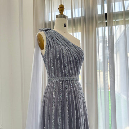 For Sale Luxury Yellow One Shoulder Evening Dress with Cape