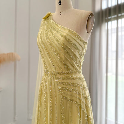 For Sale Luxury Yellow One Shoulder Evening Dress with Cape