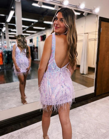 Stunning V-Neck Homecoming Dress With Feather