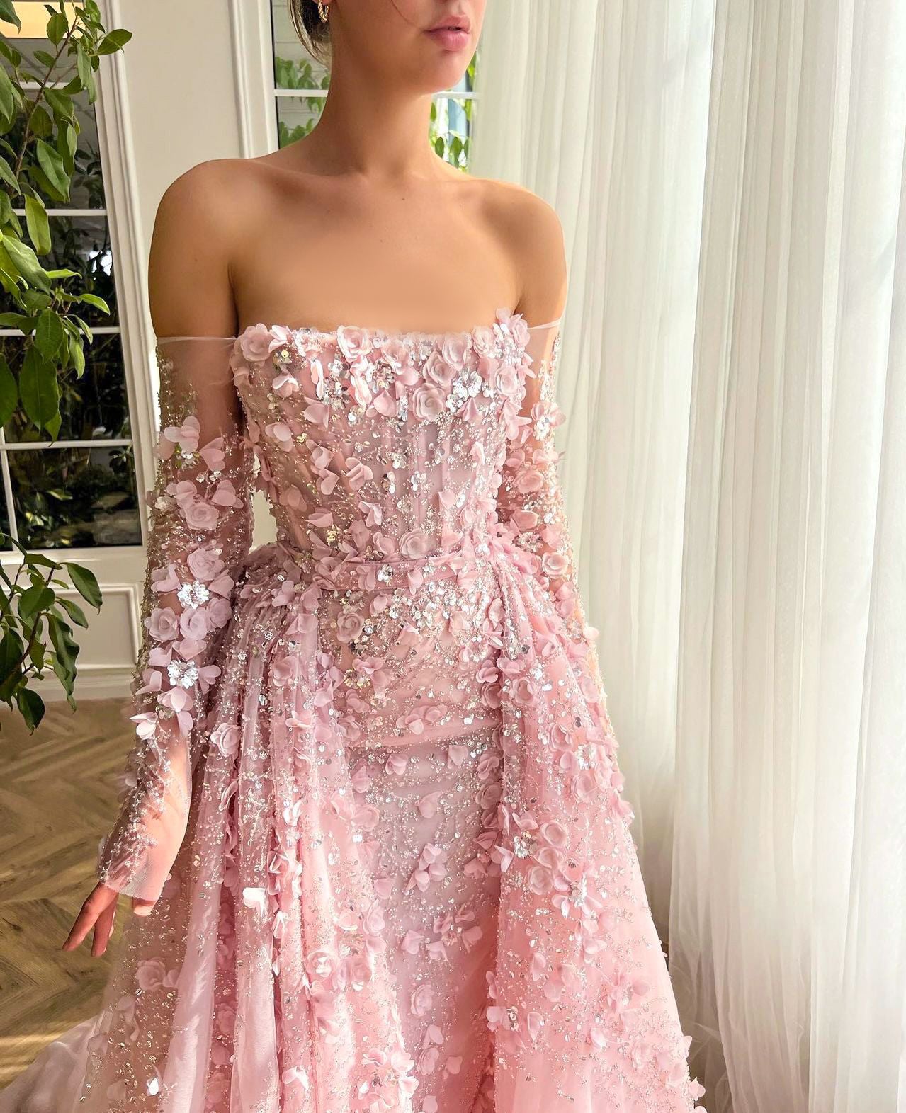Elegant 3D Flowers Pink Evening Dress with Overskirt