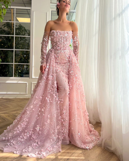 Elegant 3D Flowers Pink Evening Dress with Overskirt