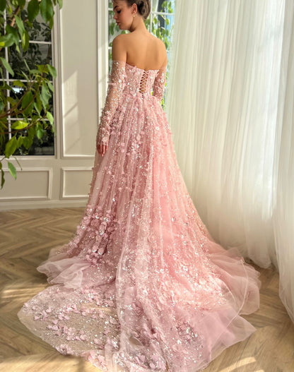 Elegant 3D Flowers Pink Evening Dress with Overskirt