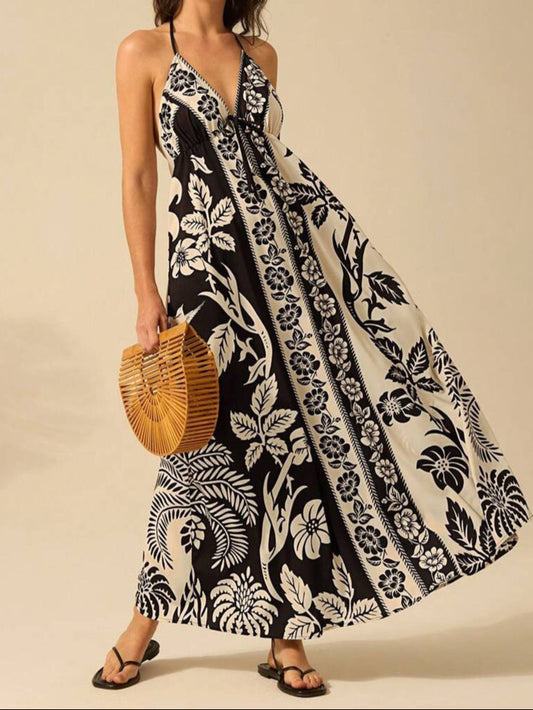 Color-block Floral Halter Loose Vacation Dress