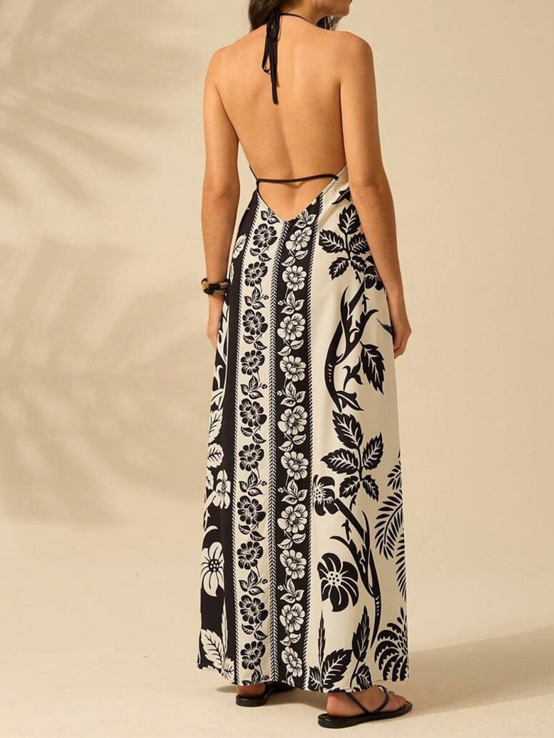 Color-block Floral Halter Loose Vacation Dress