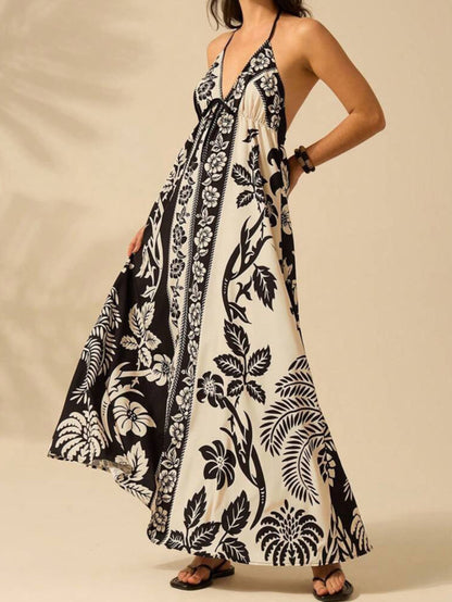Color-block Floral Halter Loose Vacation Dress