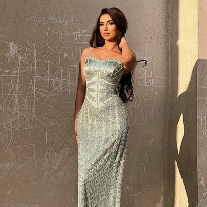 فستان سهرة فاخر أزرق بحورية البحر مزين بالخرز SS694