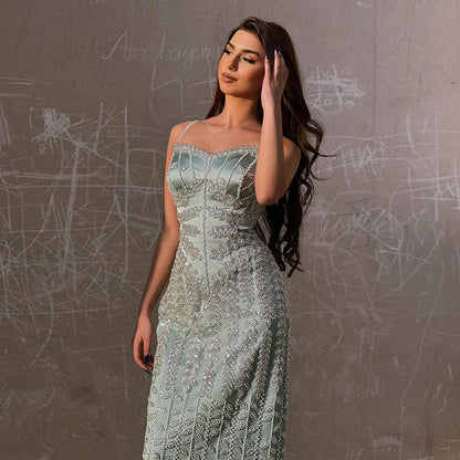 فستان سهرة فاخر أزرق بحورية البحر مزين بالخرز SS694