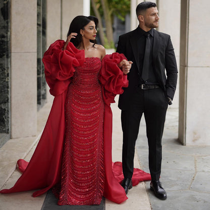 Luxury Pearl Red Evening Dress with 3D Flowers Cape