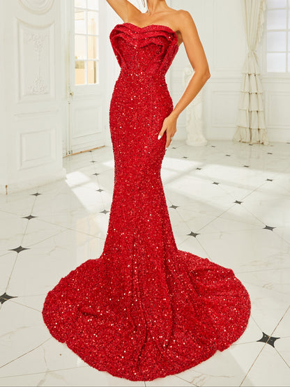 Strapless Mermaid Sequin Evening Dress