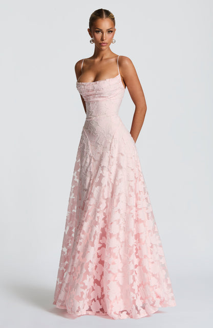 Romantic Pink Floral Gown | Open Back & A-Line Skirt