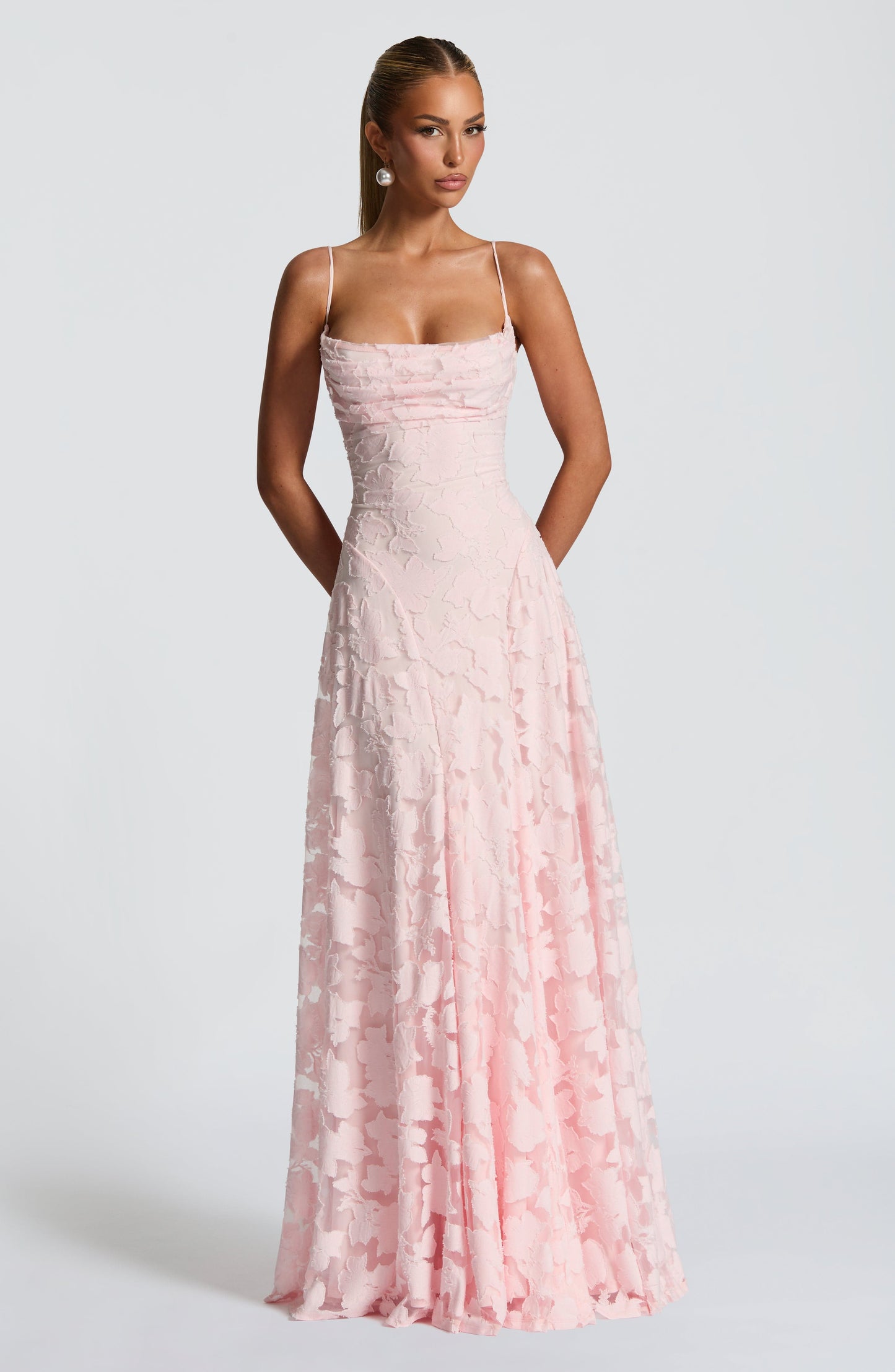 Romantic Pink Floral Gown | Open Back & A-Line Skirt