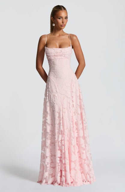Romantic Pink Floral Gown | Open Back & A-Line Skirt