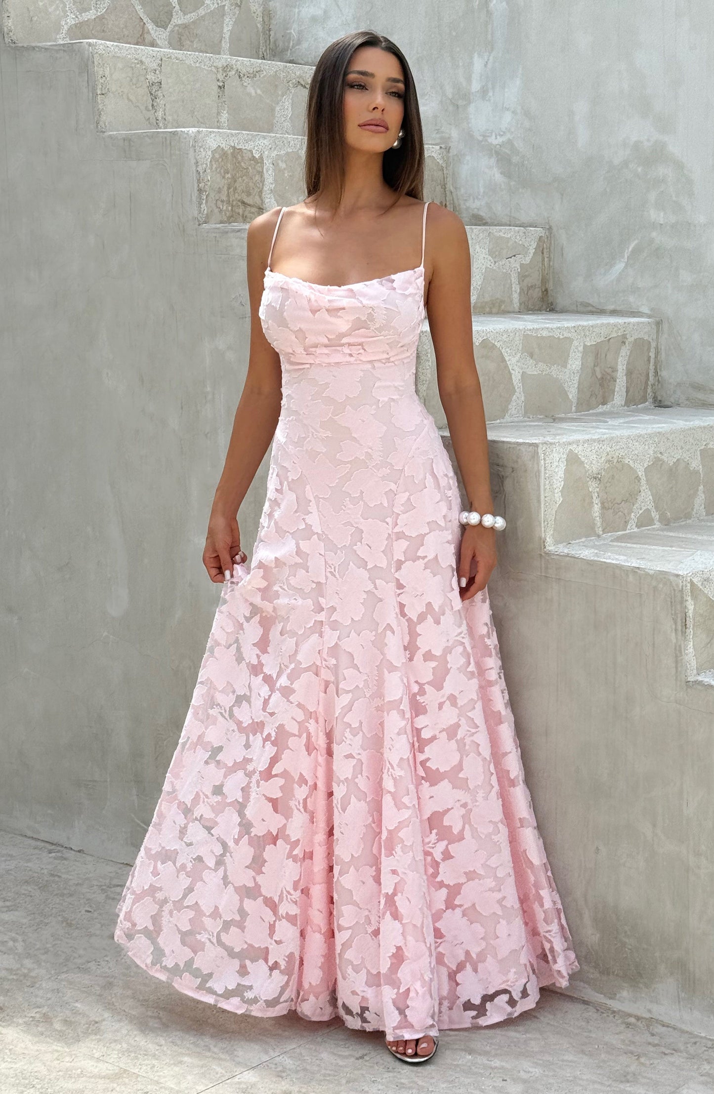 Romantic Pink Floral Gown | Open Back & A-Line Skirt