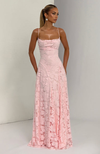 Romantic Pink Floral Gown | Open Back & A-Line Skirt