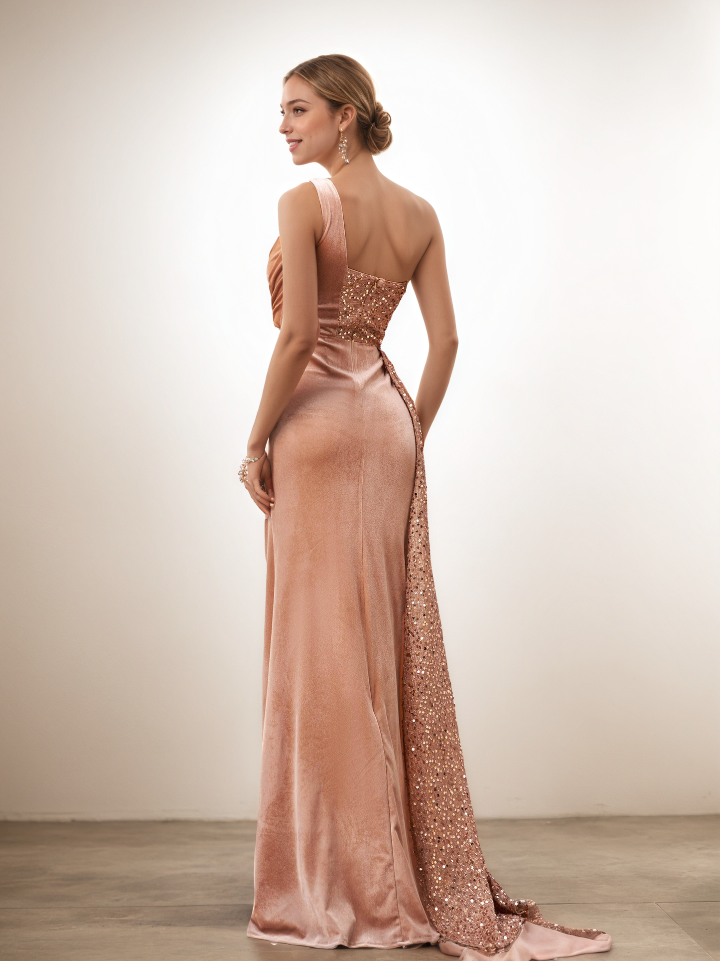 One Shoulder Velvet Prom Dress with Sequin Drape & Thigh Split