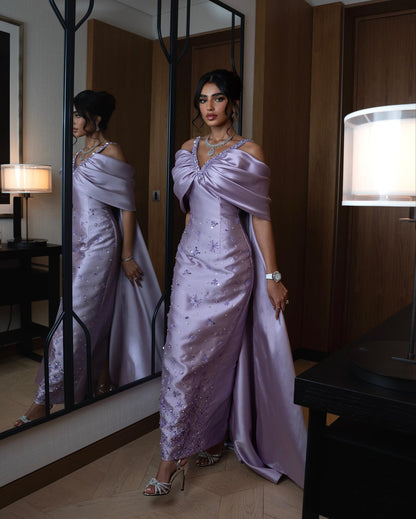 Luxury Lilac Beaded Off Shoulder Evening Dress with Cape