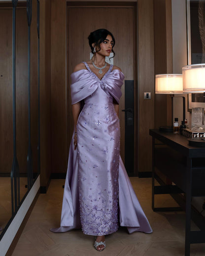 Luxury Lilac Beaded Off Shoulder Evening Dress with Cape