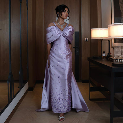Luxury Lilac Beaded Off Shoulder Evening Dress with Cape