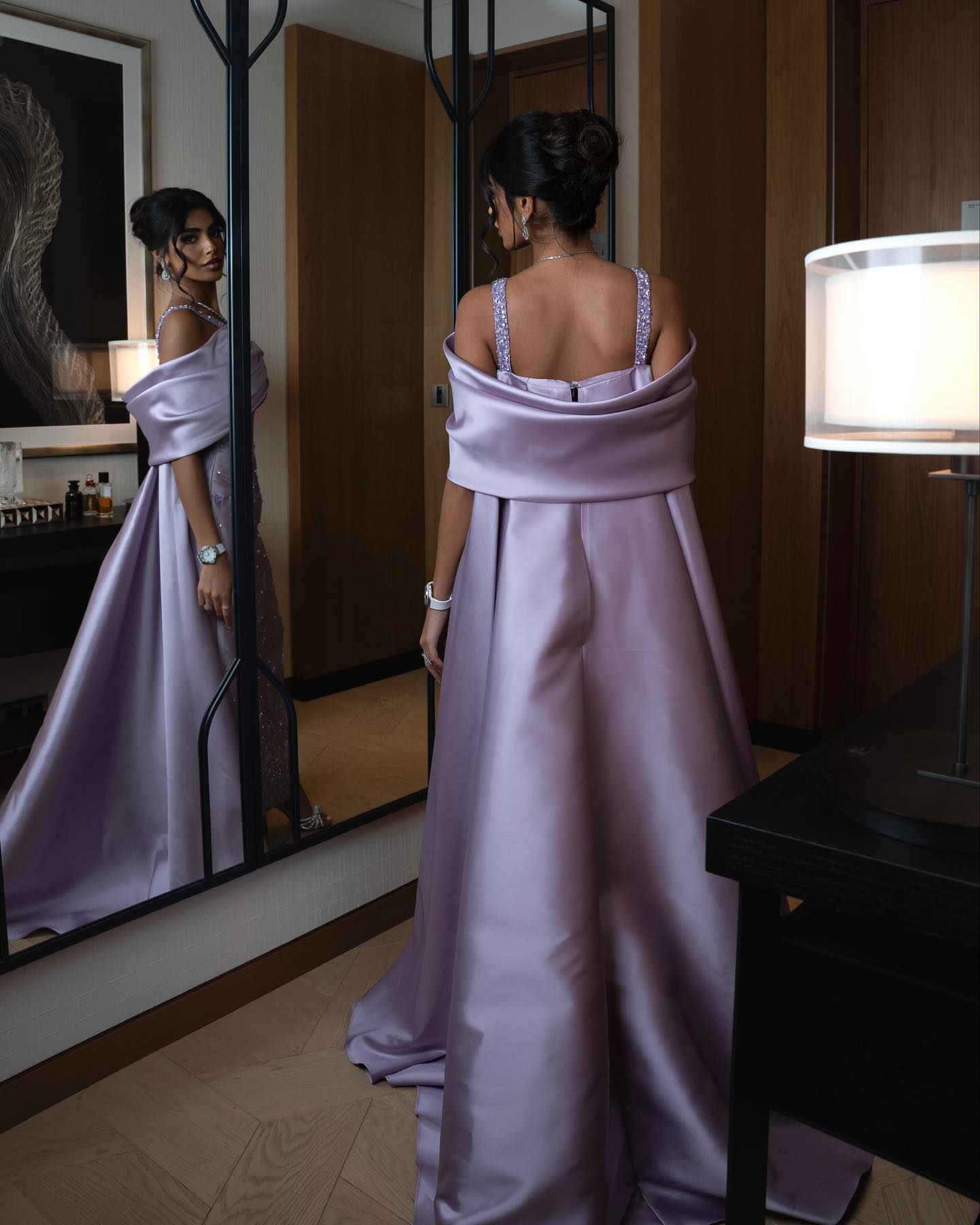 Luxury Lilac Beaded Off Shoulder Evening Dress with Cape