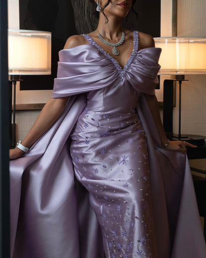 Luxury Lilac Beaded Off Shoulder Evening Dress with Cape