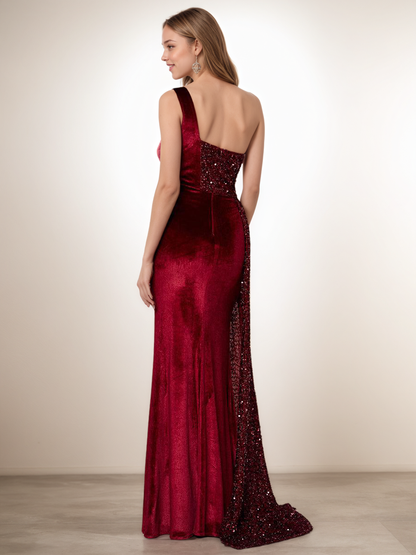 One Shoulder Velvet Prom Dress with Sequin Drape & Thigh Split