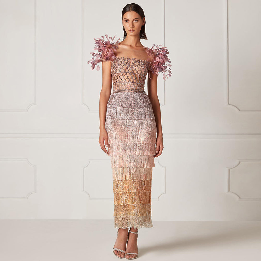 Luxury Feathers Tassel Lilac Evening Dress