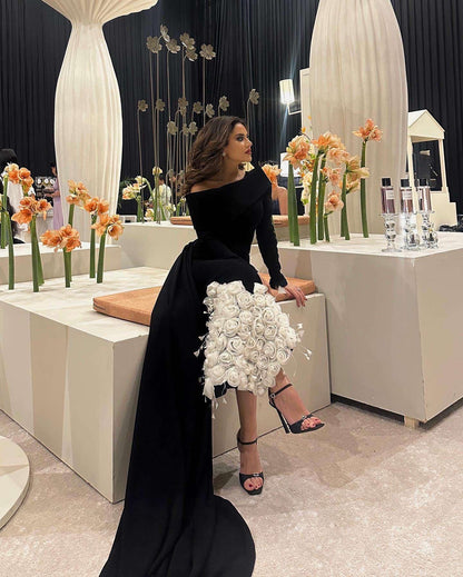 فستان سهرة أسود أنيق بأكمام طويلة مزين بزهور ثلاثية الأبعاد