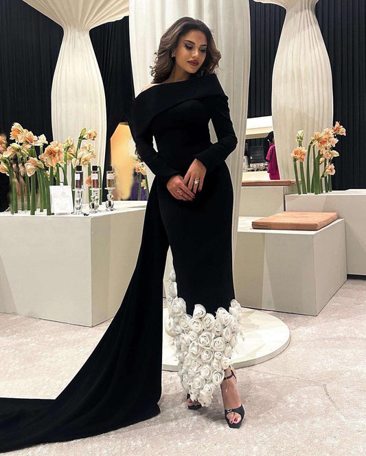 فستان سهرة أسود أنيق بأكمام طويلة مزين بزهور ثلاثية الأبعاد