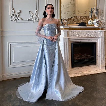 Luxury Silver Gray Evening Dress with Overskirt Sleeves