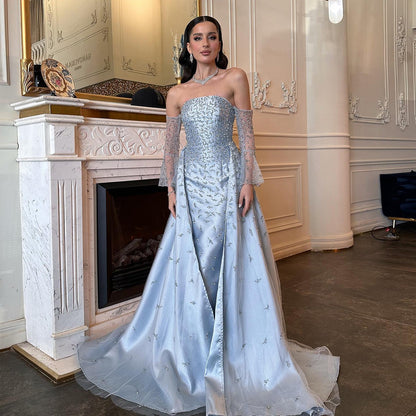 Luxury Silver Gray Evening Dress with Overskirt Sleeves