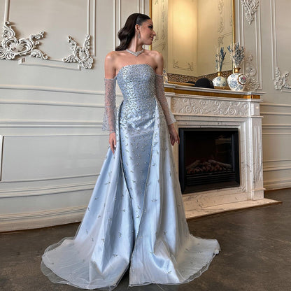 Luxury Silver Gray Evening Dress with Overskirt Sleeves