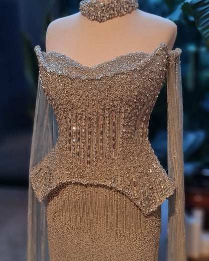 Stunning Gold Crystal Off Shoulder Evening Dress with Cape Sleeves