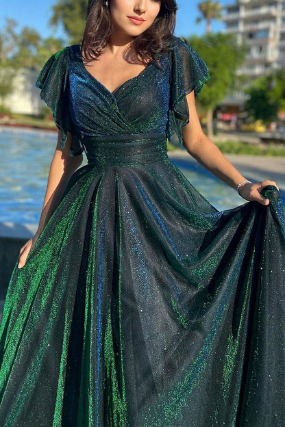 Glitter Tulle A-Line Prom Dress with V-Neck & Flutter Sleeves