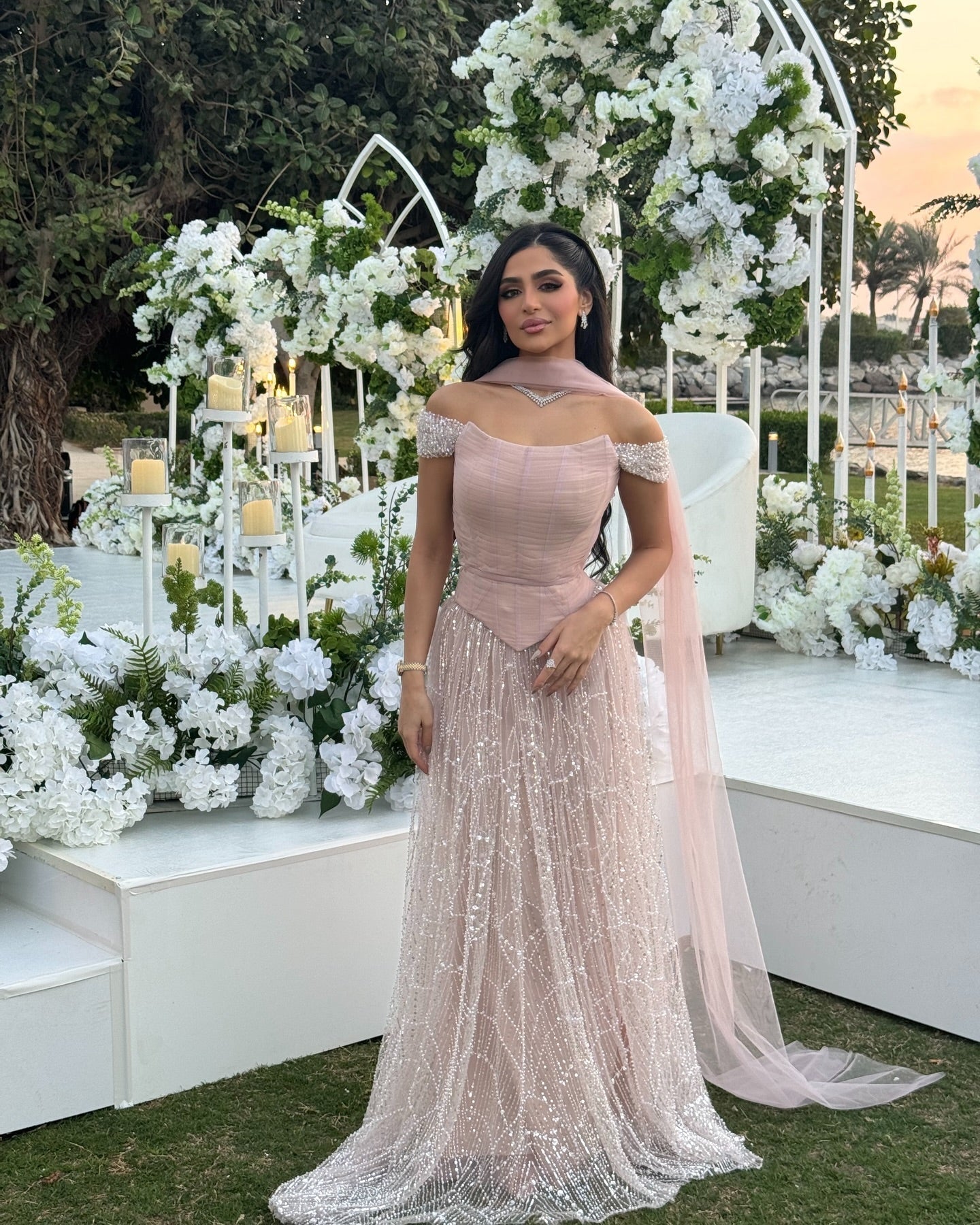 Romantic Beaded Pink Off Shoulder Evening Dress with Scarf