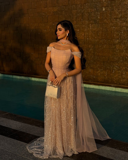 Romantic Beaded Pink Off Shoulder Evening Dress with Scarf