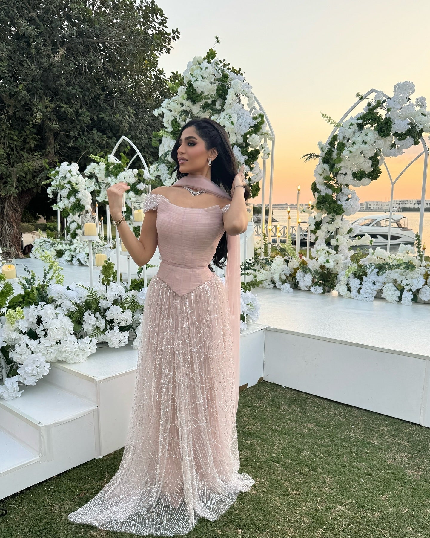 Romantic Beaded Pink Off Shoulder Evening Dress with Scarf