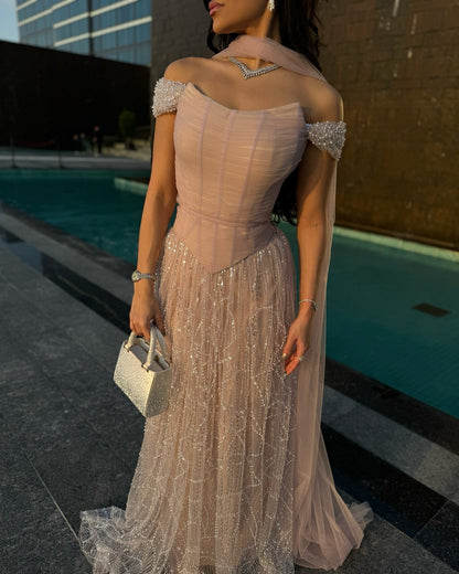 Romantic Beaded Pink Off Shoulder Evening Dress with Scarf