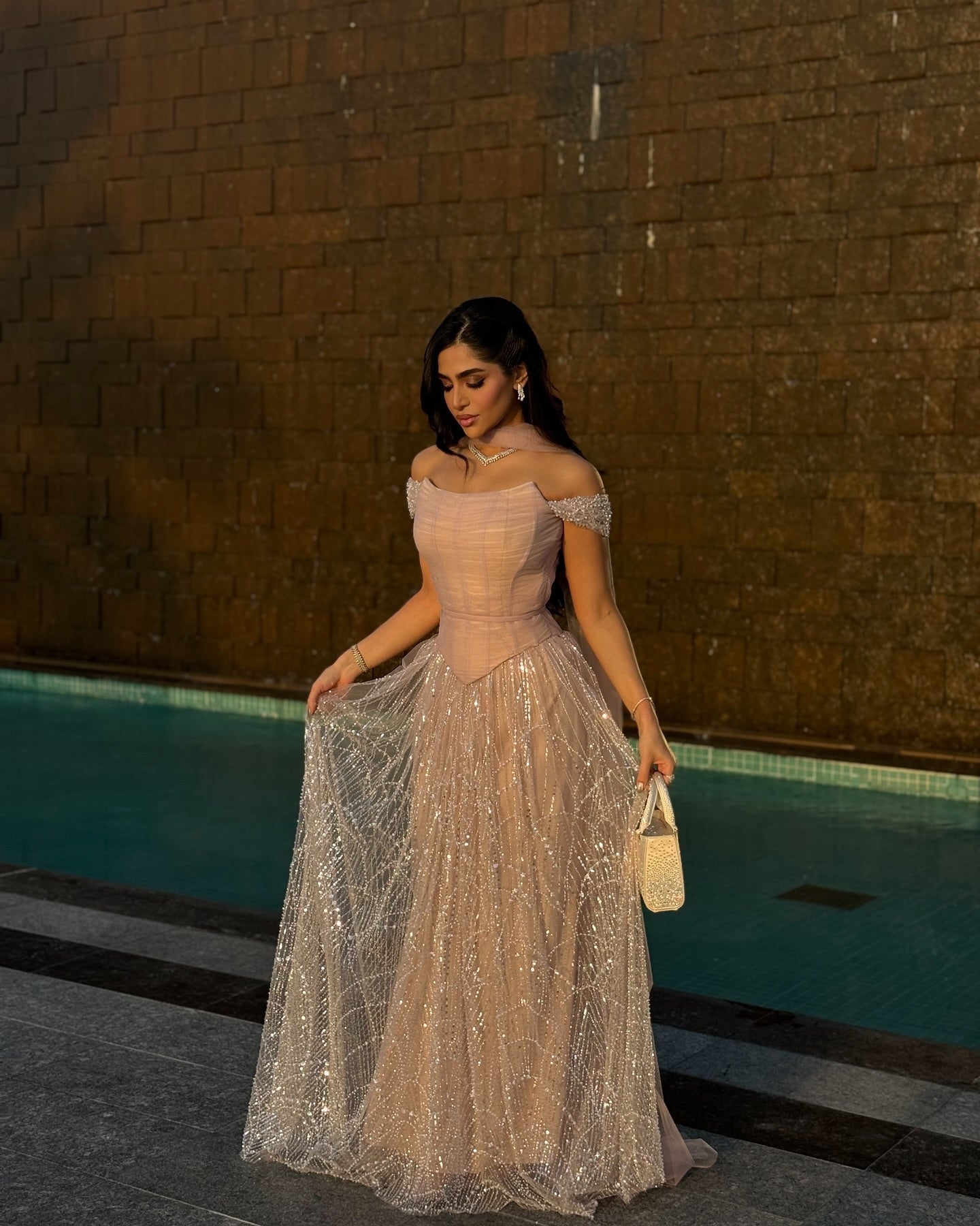 Romantic Beaded Pink Off Shoulder Evening Dress with Scarf