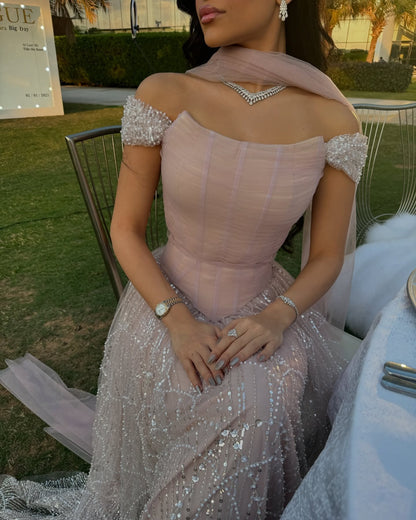 Romantic Beaded Pink Off Shoulder Evening Dress with Scarf